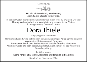 Traueranzeige von Dora Thiele von Mitteldeutsche Zeitung Naumburg/Nebra