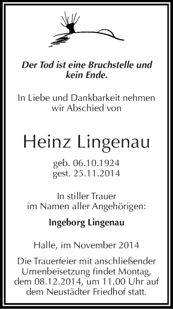 Traueranzeige von Heinz Lingenau von Mitteldeutsche Zeitung Halle/Saalkreis