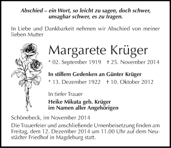 Traueranzeige von Margarete und Günter Krüger von Mitteldeutsche Zeitung Quedlinburg