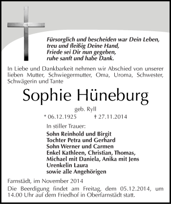 Traueranzeige von Sophie Hüneburg von Mitteldeutsche Zeitung Merseburg/Querfurt