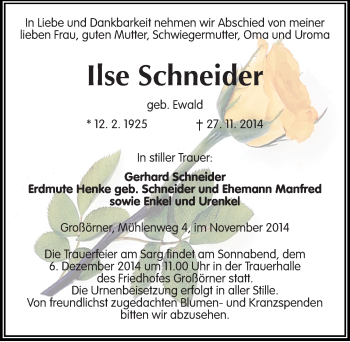 Traueranzeige von Ilse Schneider von Mitteldeutsche Zeitung Mansfelder Land