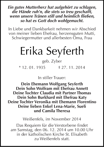 Traueranzeige von Erika Seyferth von Mitteldeutsche Zeitung Weißenfels