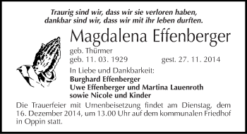 Traueranzeige von Magdalena Effenberger von Mitteldeutsche Zeitung Halle/Saalkreis