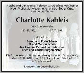 Traueranzeige von Charlotte Kahleis von Mitteldeutsche Zeitung Mansfelder Land
