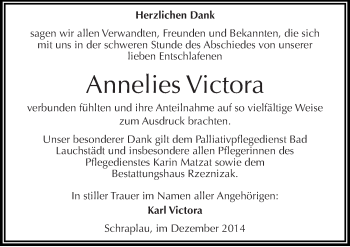 Traueranzeige von Annelies Victora von Mitteldeutsche Zeitung Merseburg/Querfurt