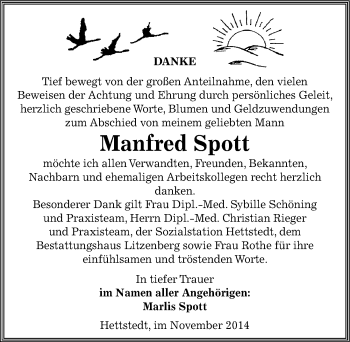 Traueranzeige von Manfred Spott von Mitteldeutsche Zeitung Mansfelder Land