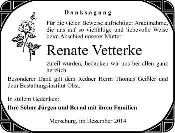 Traueranzeige von Renate Vetterke von Mitteldeutsche Zeitung Merseburg/Querfurt