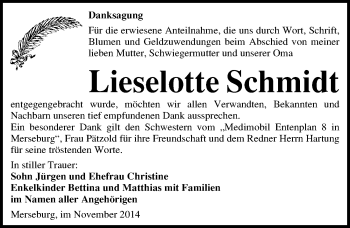 Traueranzeige von Lieselotte Schmidt von Mitteldeutsche Zeitung Merseburg/Querfurt