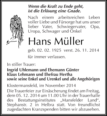 Traueranzeige von Hans Müller von Mitteldeutsche Zeitung Mansfelder Land