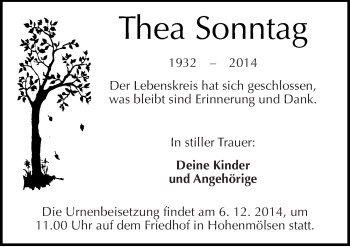 Traueranzeige von Thea Sonntag von Mitteldeutsche Zeitung Weißenfels