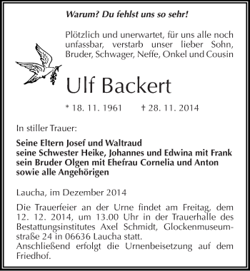 Traueranzeige von Ulf Backert von Mitteldeutsche Zeitung Naumburg/Nebra