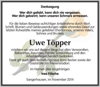 Traueranzeige von Uwe Töpper von Mitteldeutsche Zeitung Sangerhausen