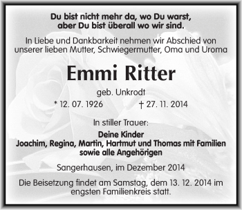 Traueranzeige von Emmi Ritter von Mitteldeutsche Zeitung Sangerhausen
