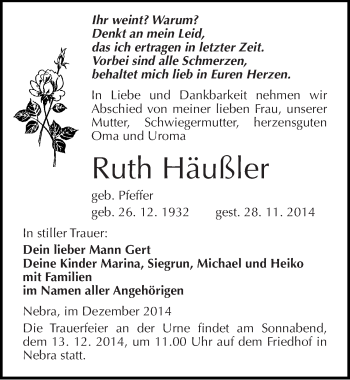 Traueranzeige von Ruth Häußler von Mitteldeutsche Zeitung Naumburg/Nebra