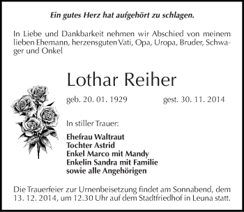 Traueranzeige von Lothar Reiher von Mitteldeutsche Zeitung Merseburg/Querfurt