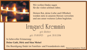 Traueranzeige von Irmgard Kremmin von Mitteldeutsche Zeitung Quedlinburg