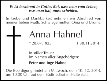 Traueranzeige von Anna Hahnel von Mitteldeutsche Zeitung Halle/Saalkreis