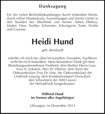 Traueranzeige von Heidi Hund von Mitteldeutsche Zeitung Sangerhausen