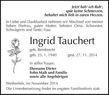 Traueranzeige von Ingrid Tauchert von Mitteldeutsche Zeitung