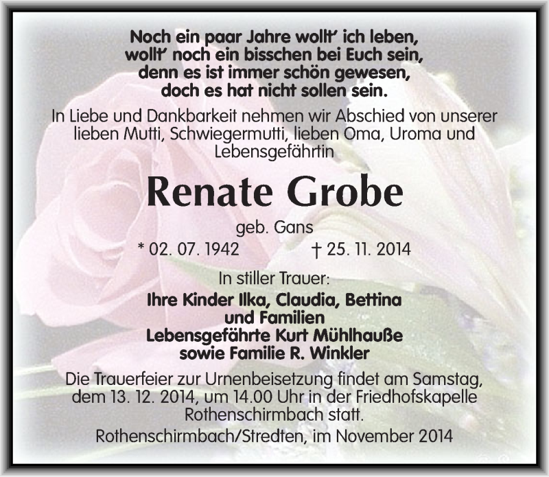  Traueranzeige für Renate Grobe vom 05.12.2014 aus Mitteldeutsche Zeitung