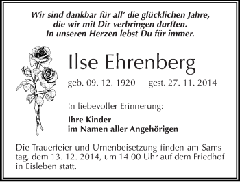 Traueranzeige von Ilse Ehrenberg von Mitteldeutsche Zeitung Mansfelder Land