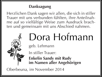 Traueranzeige von Dora Hofmann von Mitteldeutsche Zeitung