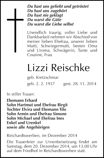 Traueranzeige von Lizzi Reischke von Mitteldeutsche Zeitung
