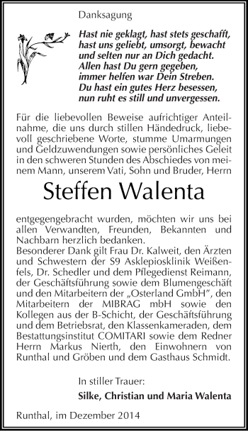 Traueranzeige von Steffen Walenta von Mitteldeutsche Zeitung Weißenfels