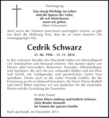 Traueranzeige von Cedrik Schwarz von Mitteldeutsche Zeitung