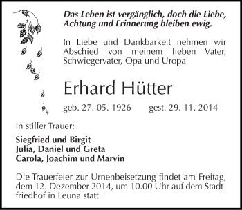 Traueranzeige von Erhard Hütter von Mitteldeutsche Zeitung Merseburg/Querfurt