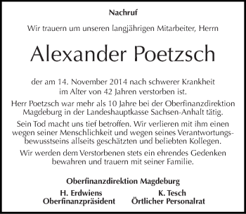 Traueranzeige von Alexander Poetzsch von Mitteldeutsche Zeitung Dessau-Roßlau