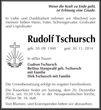 Traueranzeige von Rudolf Tschursch von Mitteldeutsche Zeitung Halle/Saalkreis