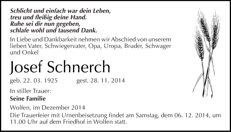  Traueranzeige für Josef Schnerch vom 03.12.2014 aus Mitteldeutsche Zeitung Bitterfeld