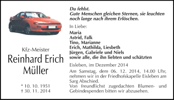 Traueranzeige von Reinhard Erich Müller von Mitteldeutsche Zeitung Mansfelder Land