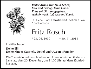 Traueranzeige von Fritz Rosch von Mitteldeutsche Zeitung Halle/Saalkreis