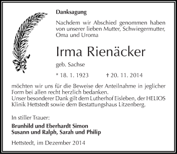 Traueranzeige von Irma Rienäcker von Mitteldeutsche Zeitung Mansfelder Land