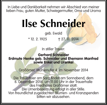 Traueranzeige von Ilse Schneider von Mitteldeutsche Zeitung Mansfelder Land