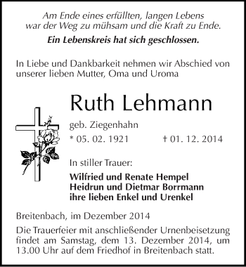 Traueranzeige von Ruth Lehmann von Mitteldeutsche Zeitung Sangerhausen
