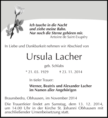 Traueranzeige von Ursula Lacher von Mitteldeutsche Zeitung Merseburg/Querfurt