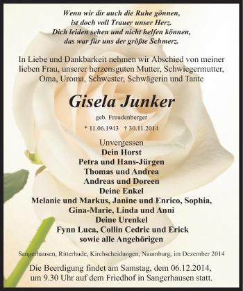 Traueranzeige von Gisela Junker von Mitteldeutsche Zeitung Sangerhausen