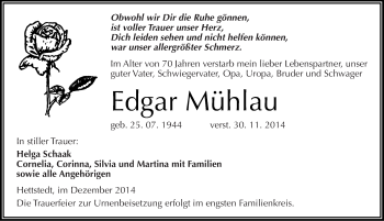 Traueranzeige von Edgar Mühlau von Mitteldeutsche Zeitung Mansfelder Land