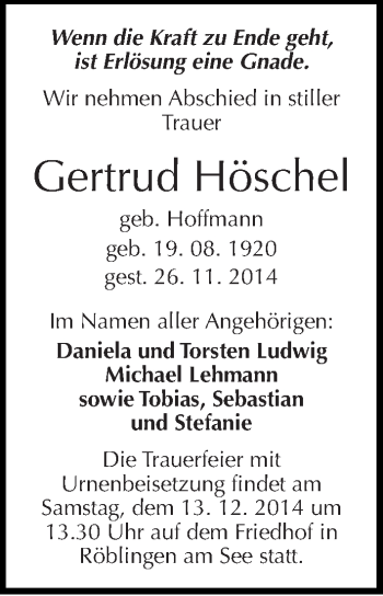 Traueranzeige von Gertrud Höschel von Mitteldeutsche Zeitung Mansfelder Land