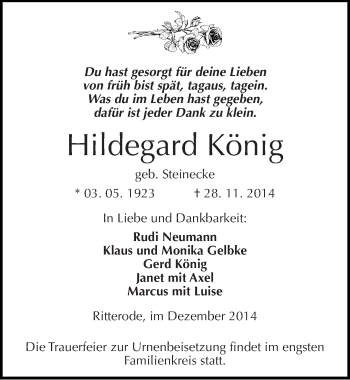 Traueranzeige von Hildegard König von Mitteldeutsche Zeitung Mansfelder Land