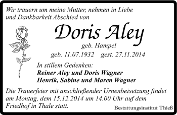 Traueranzeige von Doris Aley von Mitteldeutsche Zeitung Quedlinburg