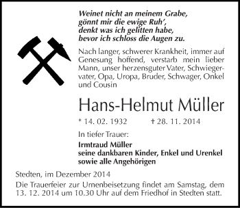 Traueranzeige von Hans-Helmut Müller von Mitteldeutsche Zeitung Mansfelder Land
