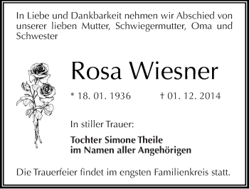 Traueranzeige von Rosa Wiesner von Mitteldeutsche Zeitung Halle/Saalkreis