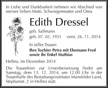Traueranzeige von Edith Dressel von Mitteldeutsche Zeitung Mansfelder Land