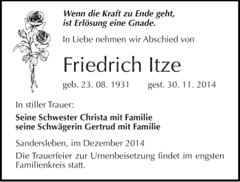 Traueranzeige von Friedrich Itze von Mitteldeutsche Zeitung Mansfelder Land