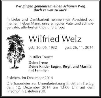 Traueranzeige von Wilfried Welz von Mitteldeutsche Zeitung Mansfelder Land