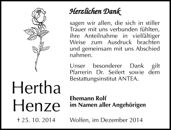 Traueranzeige von Hertha Henze von Mitteldeutsche Zeitung Bitterfeld